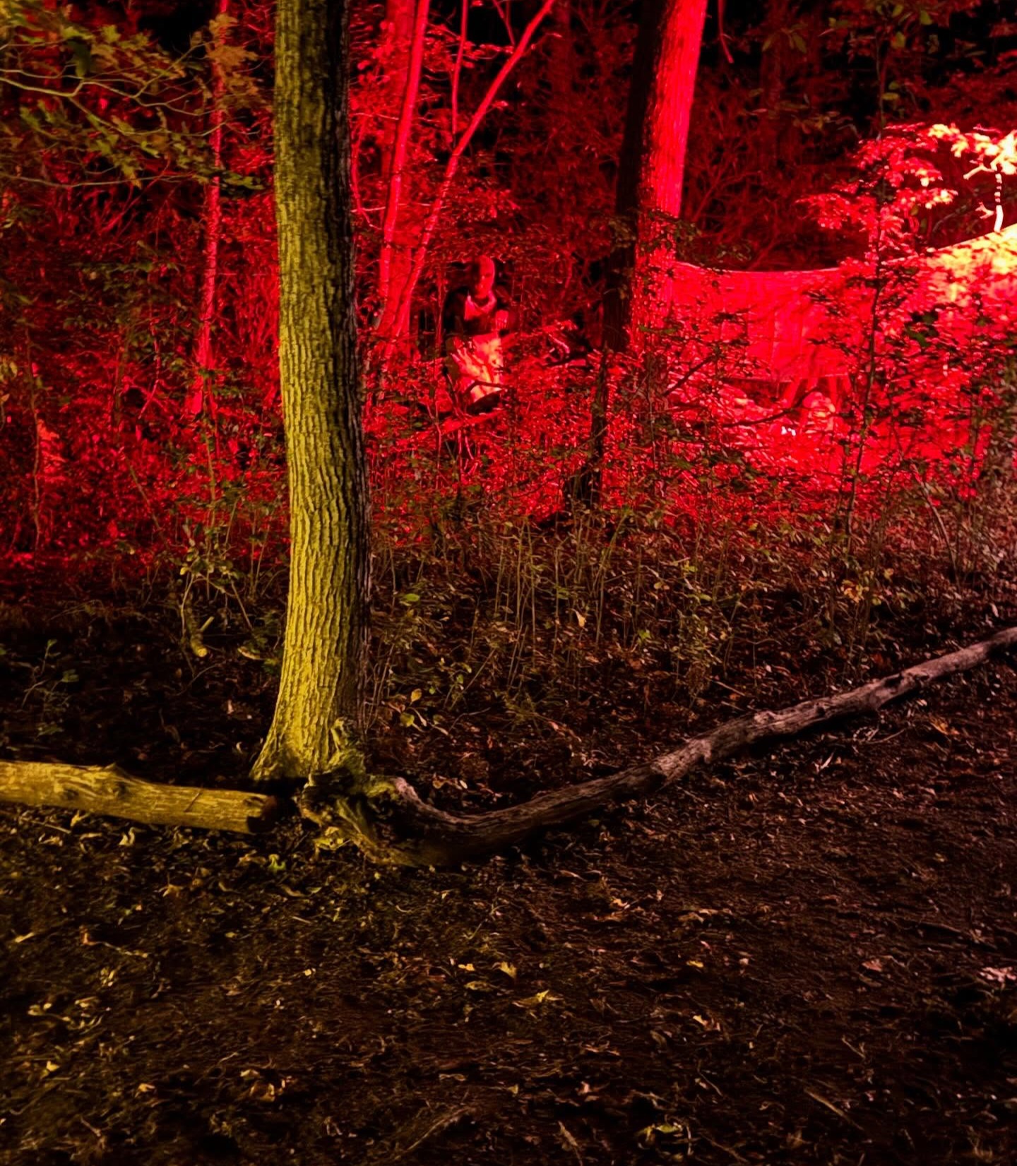 Scare actors waiting on the haunted night path